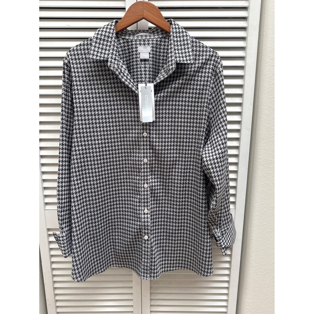 Chico's No Iron All Seasons Stretch Houndstooth Classic Shirt Black White 3.5 18